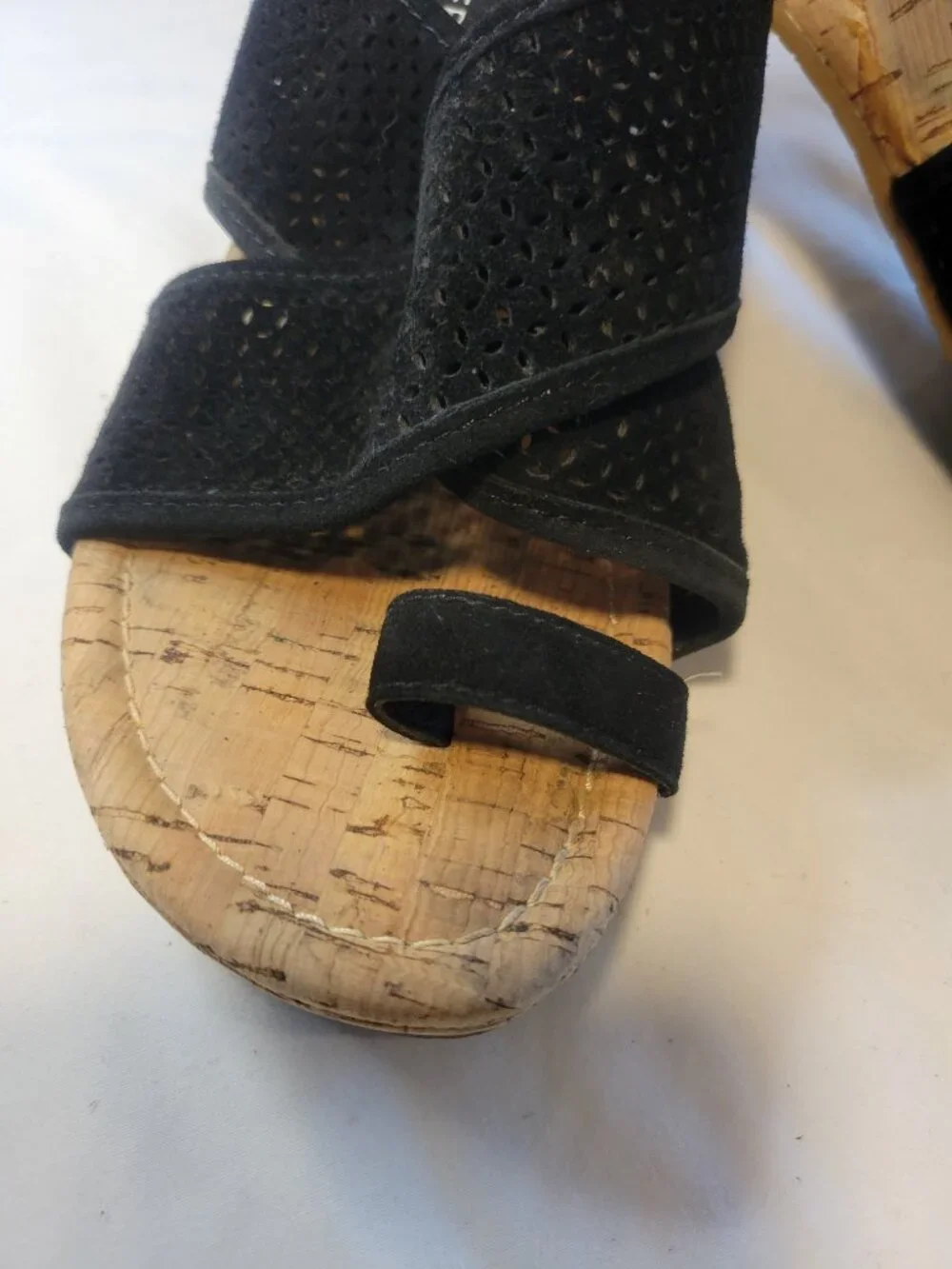 Donald J Pliner Black Suede Cork Wedge Sandals Toe Loop Size (Estimated Size 8M)